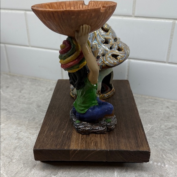 Vintage Ashtray and Mushroom Incense Holder on Wood tray platform. 9x6x7.5 in - Picture 4 of 7
